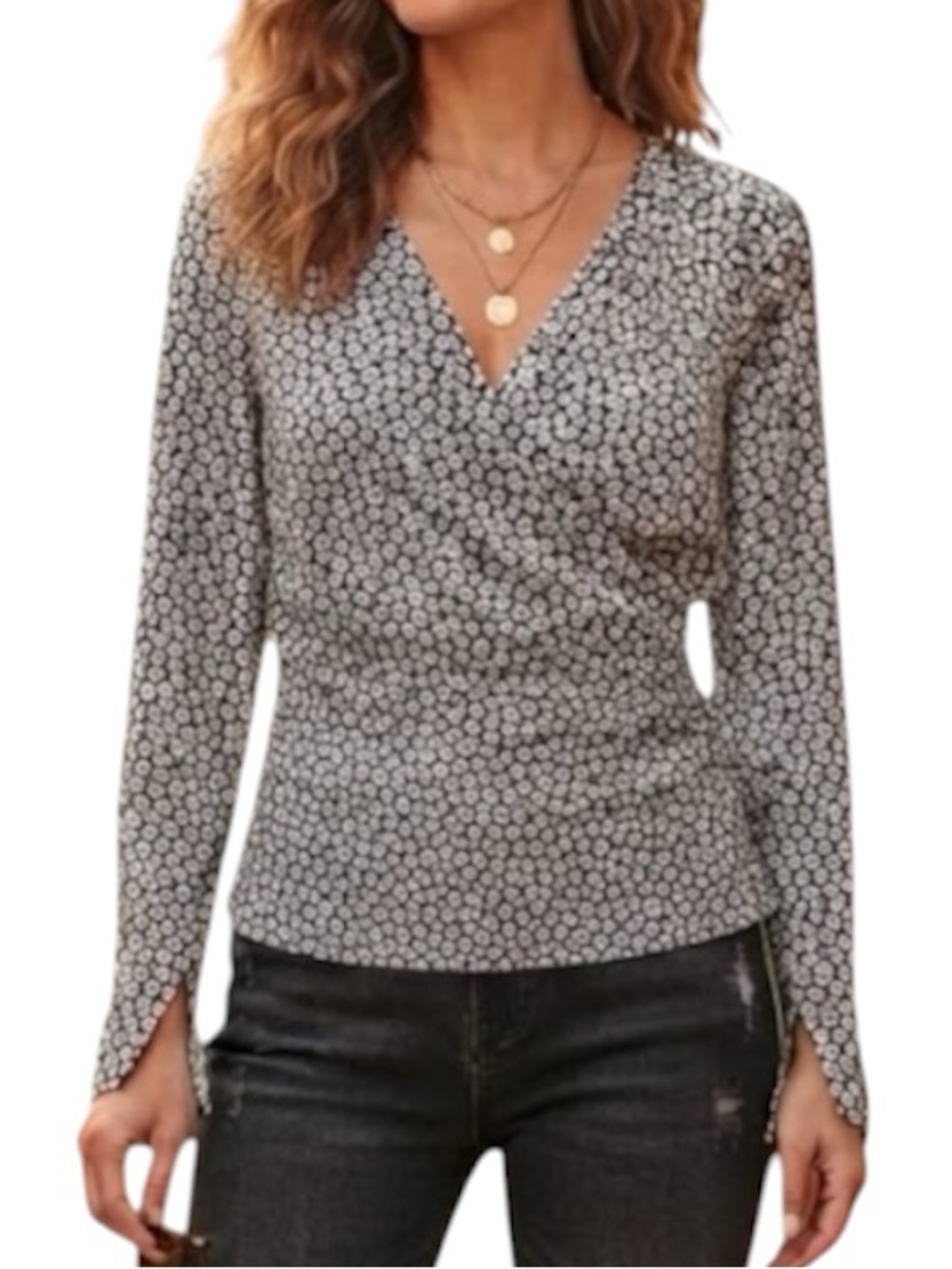 H&M Black White Floral Satin Faux Wrap Blouse Long Sleeve Zip Back Chic Office L